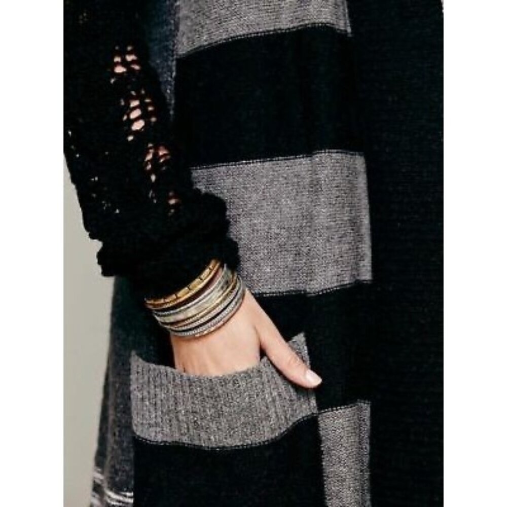 Free People Black Gray Striped Floral Knit Long Cardigan S | Boho Grunge Fairy - Picture 13 of 16